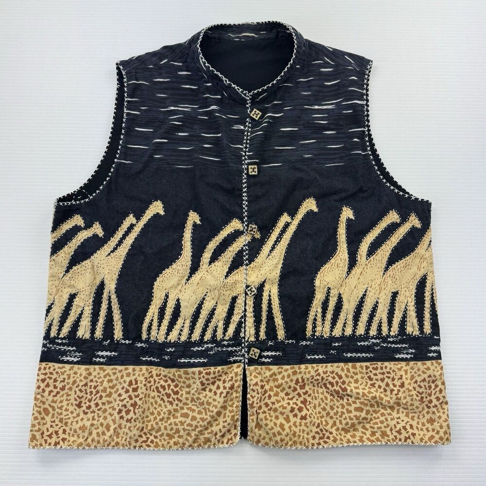 Orvis Safari Giraffe Print Cotton Vest Button Front Artisan Stitch Womens XL
